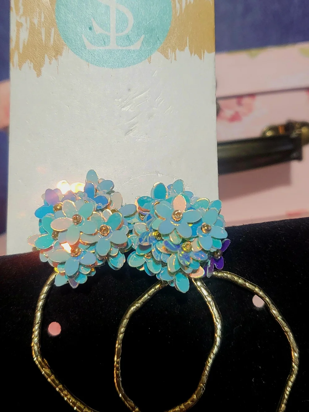 Josephines Blue Sequin Floral Bouquet Hoop Earrings | Iridescent 3D Flower Drops